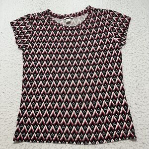 H&M Women's Medium Short Sleeve Blouse Stretch Black Pink Geometric Pattern Top